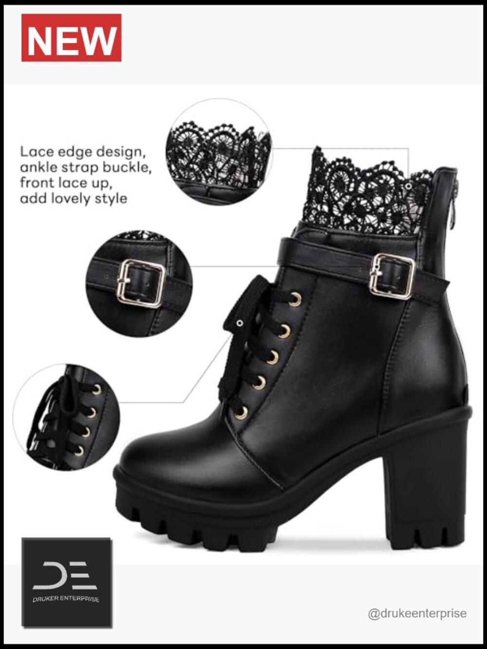 Chunky Platform High Heel Boots Lace Up Gothic Ankle Booties Block Heel Buckle - Picture 5 of 7